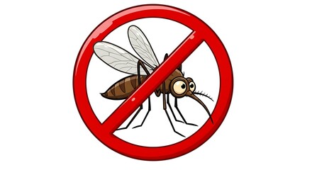  A fun cartoon mosquito is crossed out by a bold red circle creating a playful yet effective no-mosquitoes sign perfect for summer health campaigns or pest control marketing