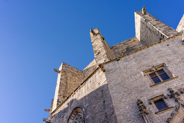 Detail of the facade of Santa Maria del Mar Basilica in Barcelona, Spain. Historic architecture of the landmark of the catalan city.