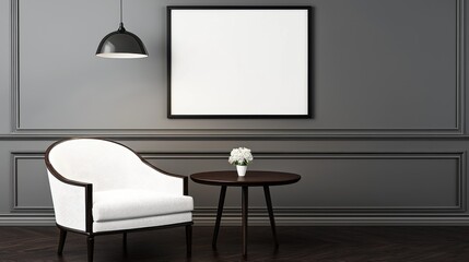Modern Minimalist Living Room with White Chair and Blank Frame