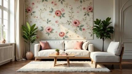 Serene Living Room Decor Featuring a Large Floral Wall Art Piece and Soft Furnishings