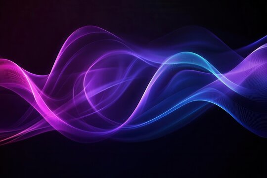 flowing abstract waves in deep blue and violet, shimmering gradients, cosmic glow, fluid motion, dark backdrop, evoking mystery and futuristic elegance.