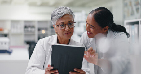 Science, research and team of women with tablet for medical study, results or online review....