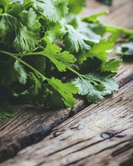 Fresh cilantro sprigs displayed on weathered wooden background closeup.