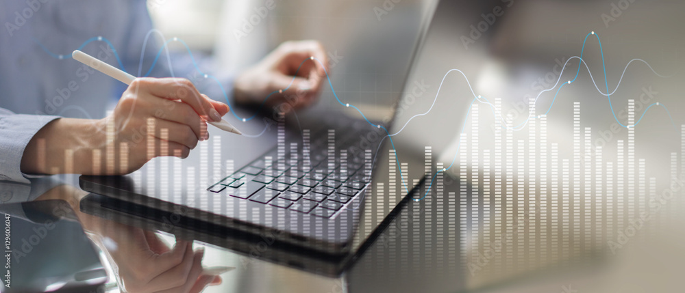 Poster data visualization and analytics insights on a wide banner, business and technology concept.