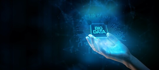 Big Data Concept: Managing Large-Scale Datasets Illustrated on a Processor Touched by a Human Hand.