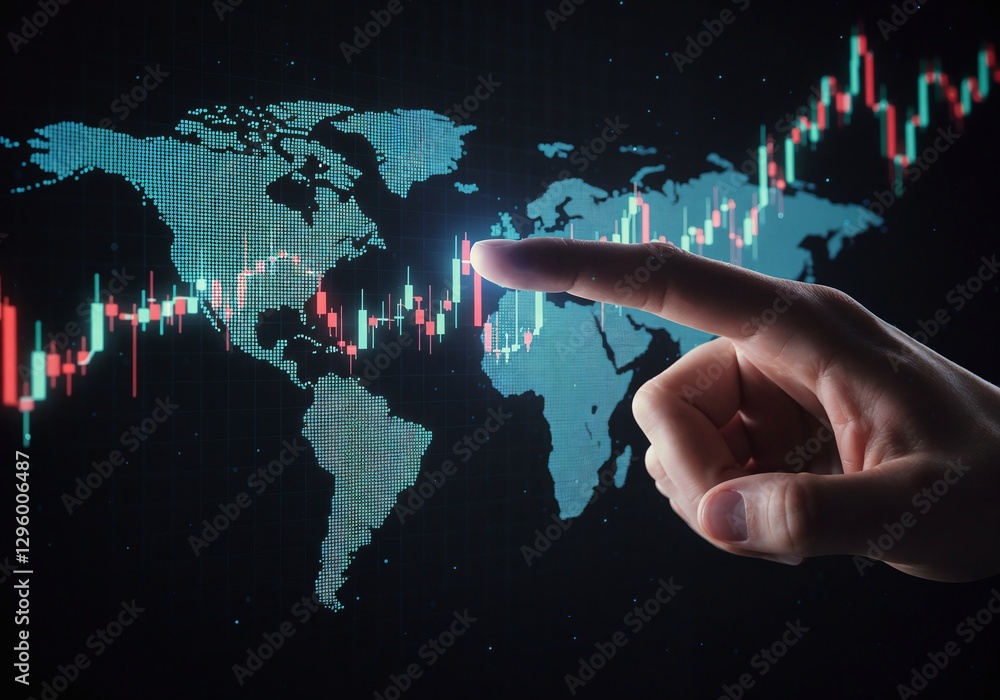 Poster close-up of a finger pointing at a global stock market chart displayed on a screen showing candlesti