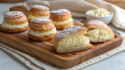 Fresh Pastries with Flaky Layers & Creamy Filling on Wooden Board &ndash; Perfect Breakfast or Snack