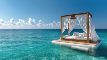 Obraz premium Relaxation retreat on floating platform tropical ocean luxury lifestyle sunny environment serene viewpoint tranquility concept