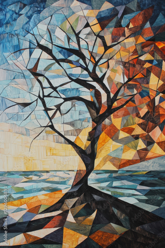 Poster abstract cubist or cubism style painting of a lone tree in the wind, fractured branches and dynamic 
