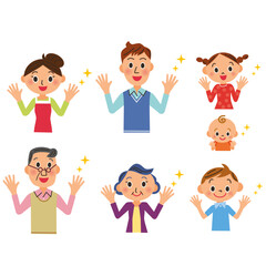 手を広げて手を衛生にしている上半身の三世代家族