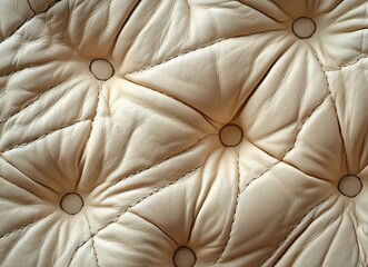 Close-up View of Textured Leather Upholstery Featuring Dimples and Stitching Patterns in Soft Cream Color for Interior Design Inspiration