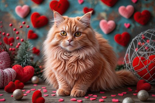 Charming Fluffy Coral Cat on a Whimsical Background for Valentine's Decor