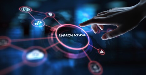 Innovation Driving Business Growth and Technological Advancement, projection on a virtual screen, Business and Technology Concept.