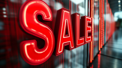 Bright red SALE sign illuminated with neon lights, attracting attention in retail space. Perfect for promotions and marketing visuals