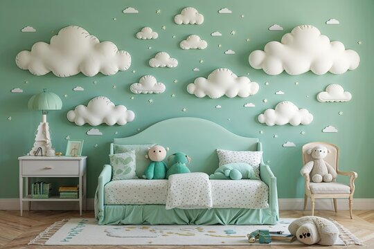 Delightful Children�s Room Decor with Soothing Mint Green and Soft Drifting Clouds