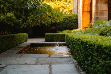 Fototapeta premium Tranquil garden scene with reflective water feature surrounded b