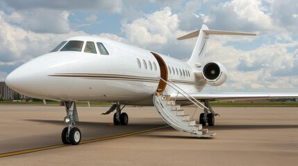Fototapeta premium Elegant Private Jet on Tarmac with Dramatic Cloudy Sky Background