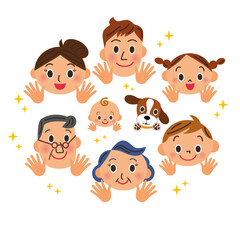 手を広げて手を綺麗にしている三世代家族