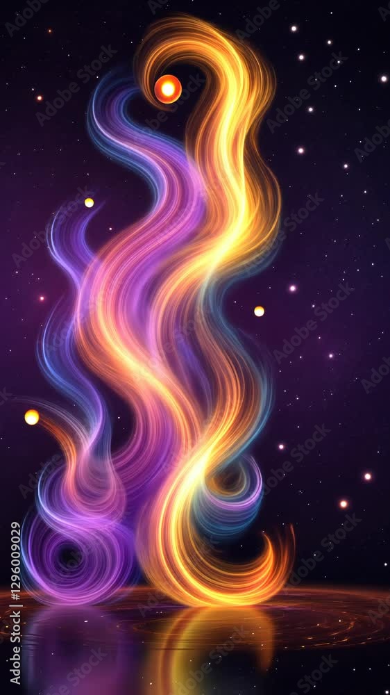 Poster a colorful flame with a yellow and purple swirl. there are also stars in the background. the flame i