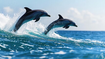 Fototapeta premium Dolphins leaping playfully in crystal clear ocean waters marine life action shot bright daylight dynamic perspective