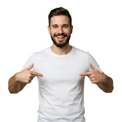 Mockup white shirt on a transparent PNG. The man is pointing to the middle of the tshirt to reinforce the message