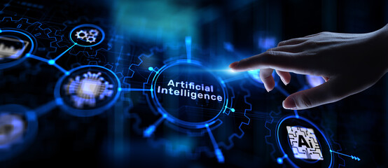 AI Artificial intelligence, Machine learning, Big data analysis and automation technology in business and industrial manufacturing concept on virtual screen.