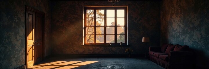 Room in darkness with soft evening light filtering through old window, vintage, night, room