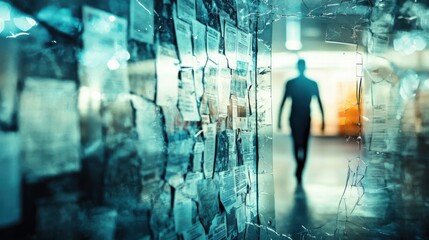 Mysterious silhouette walking through a shattered glass wall covered in old newspaper clippings, symbolizing secrecy, investigation, and hidden truths