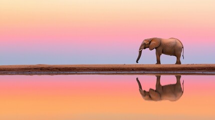 Obraz premium Majestic Elephant by Serene Water Reflection at Sunset in Africa