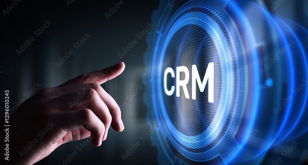 Poster crm - customer relationship management automation system software. business and technology concept.