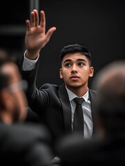 Hombre en traje levantando la mano para obtener la palabra