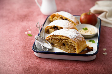 Homemade apple strudel with raisins
