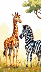 Obraz premium Safari animals watercolor illustration with giraffe and zebra , animals, , giraffe