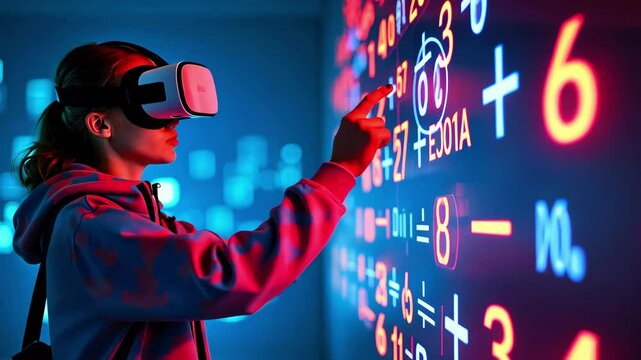 Young woman in virtual reality headset interacting with colorful mathematical equations on a wall - Powered by Adobe