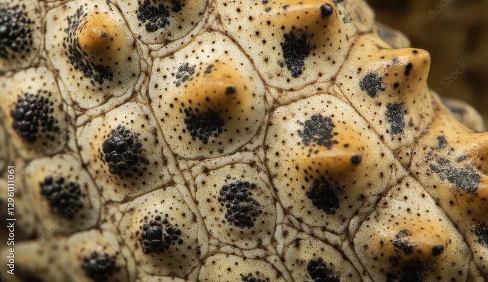 Poster close-up view of unique sea creature shell with distinctive black spots and spiky texture set agains