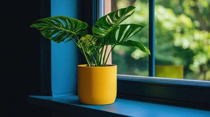 A beautiful potted plant sits in a bright window sill