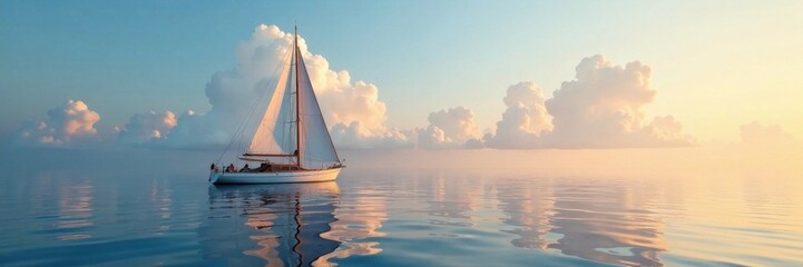 Fototapeta premium Sailing vessel on calm sea with wind rose icon above mast, wind rose, weather, ocean