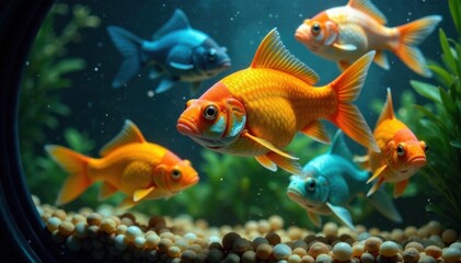 Fototapeta premium School of colorful fish swimming together in a bowl , underwater scene, marine biology, aquatic life