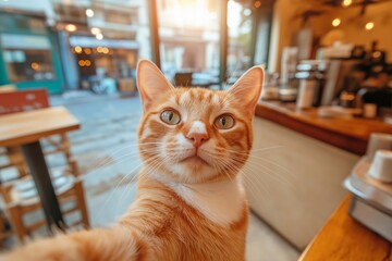 cat takes a selfie in cafe, city,coffee shop  
