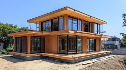 This remarkable wooden residence features a contemporary design, with large glass windows that invite natural light and offer views of the surrounding greenery