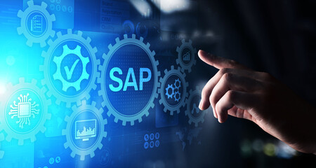 SAP - Business process automation software. ERP enterprise resources planning system concept on virtual screen.