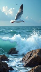 Fototapeta premium Seagull flying over ocean waves crashing on rocks , mountain, birds, waves