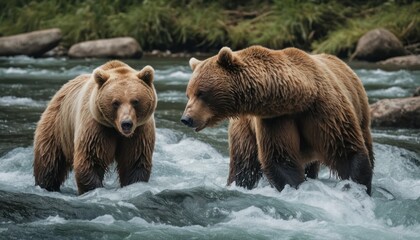 Powerful bears fishing in a river