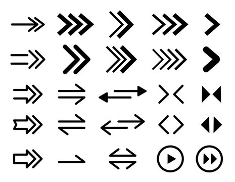 Set arrow icons. Collection different arrows sign. Set different cursor arrow direction symbols in flat style. Contains symbol of various arrow head point shape, play, pause, next button symbol.