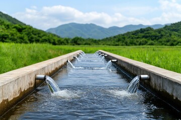A serene landscape featuring flowing water from pipes into a channel, surrounded by lush greenery and distant mountains under a bright sky.