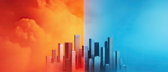 A vibrant cityscape divided by contrasting warm and cool colors, symbolizing duality and balance between heat and calm.