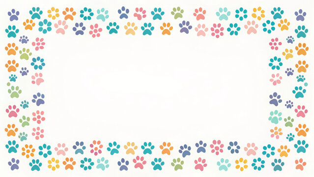 Cute animal paw print border frame repeat pattern. Ideal for pet birthday parties, adoption event invites, or playful decor. Surface pattern design