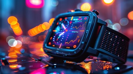 Futuristic smart watch with glowing display in a city night scene.