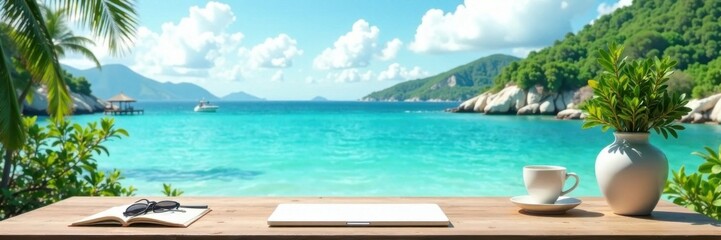 Obraz premium Seaside landscape with minimalist desk and greenery , succulents, beach, natural decor