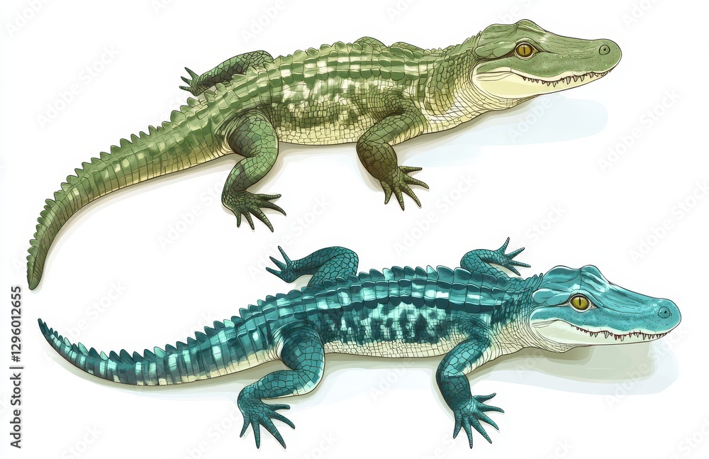 Aufkleber colorful illustrations of two distinct types of crocodiles with unique patterns and features, showca